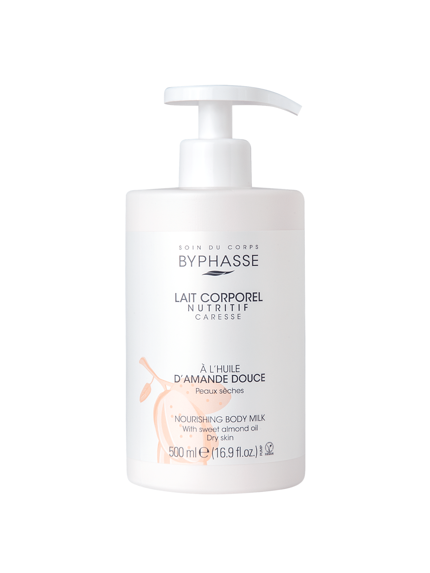 BYPHASSE NOURISHING BODY LOTION CARESS WITH SWEET ALMOND OIL PUMP.