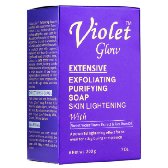 VIOLET GLOW ® SAVON Exfoliant Purifiant Éclaircissant pour la peau.